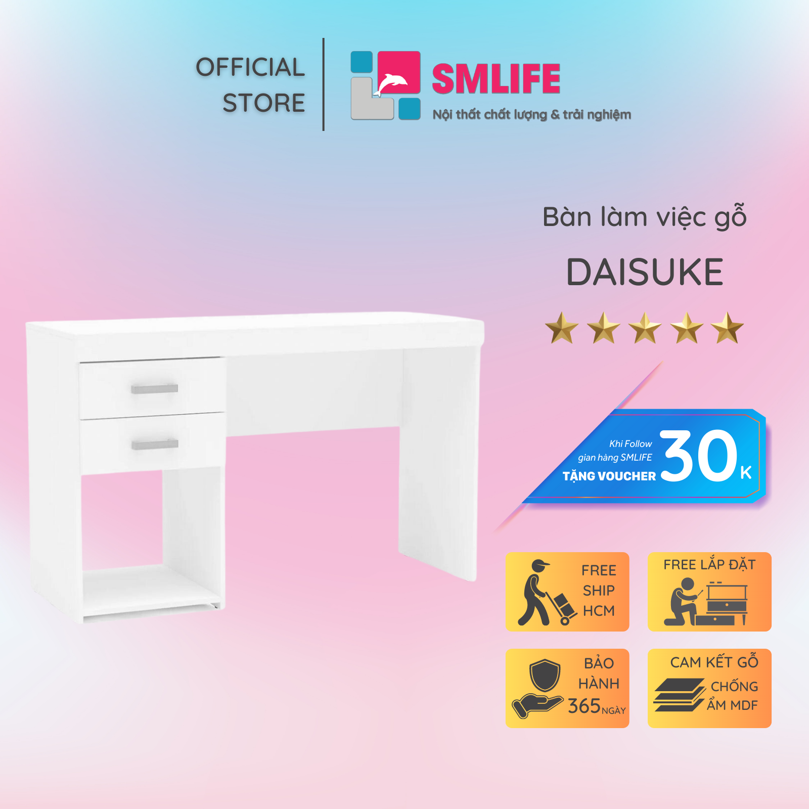 Bàn làm việc, bàn học gỗ hiện đại SMLIFE Daisuke | Gỗ MDF dày 17mm chống ẩm | D120xR50xC75cm