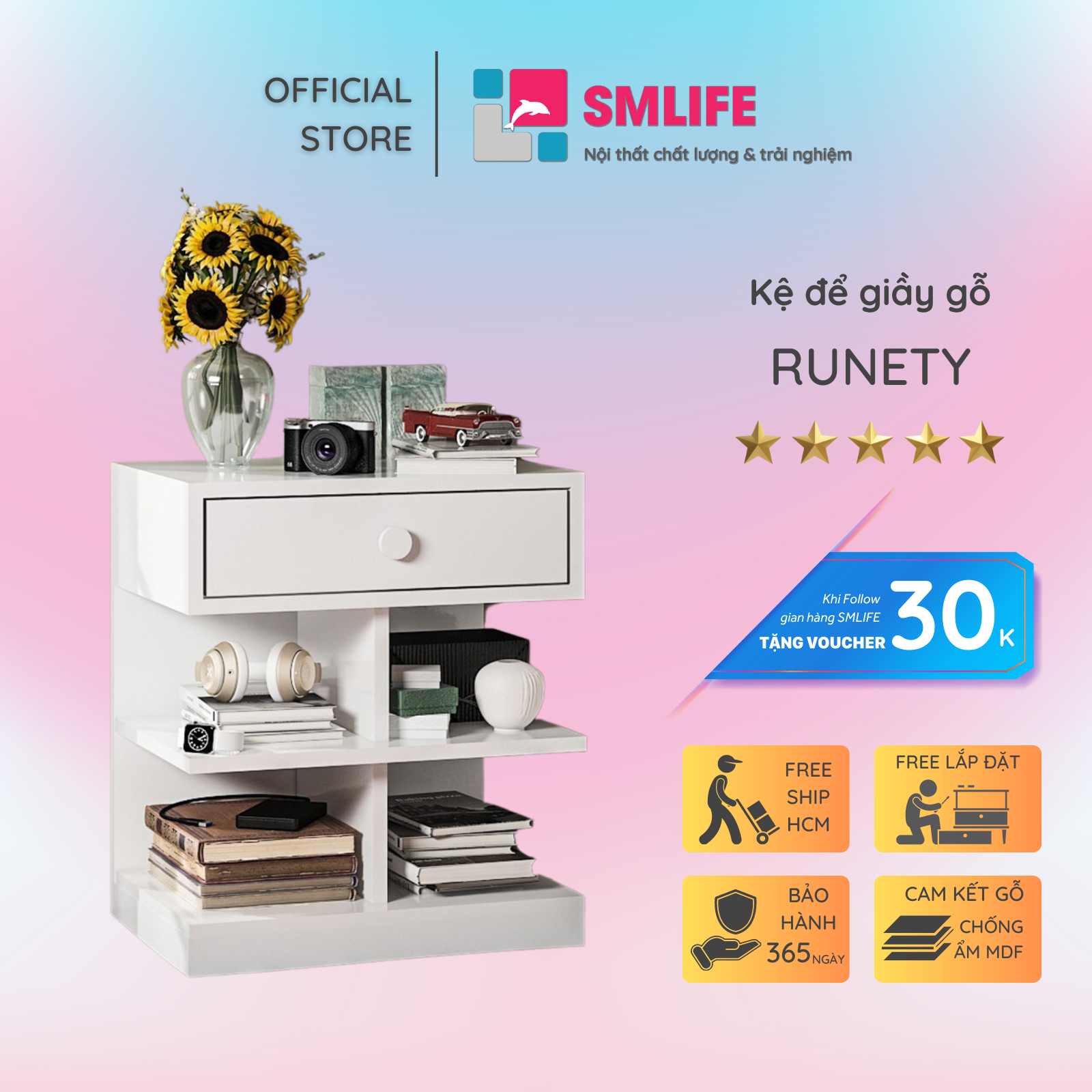 Kệ giầy nhỏ gọn bằng gỗ thiết kế đẹp mắt SMLIFE Runety
