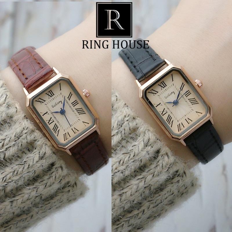 Đồng Hồ Nữ Chính Hãng GoGoey Ulzzang Mặt Vuông Nhỏ Dây Da Nhiều Màu Cao Cấp Mặt Số La Mã Ring House