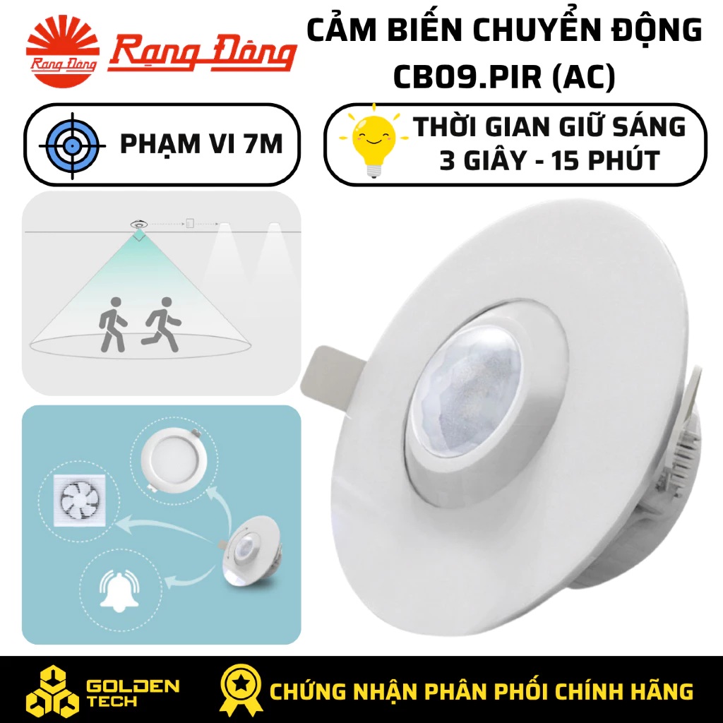 Cảm biến chuyển động âm trần Rạng Đông CB09.PIR AC khoét lỗ 9cm hỗ trợ tự động bật tắt các thiết bị điện - Hàng chính hãng