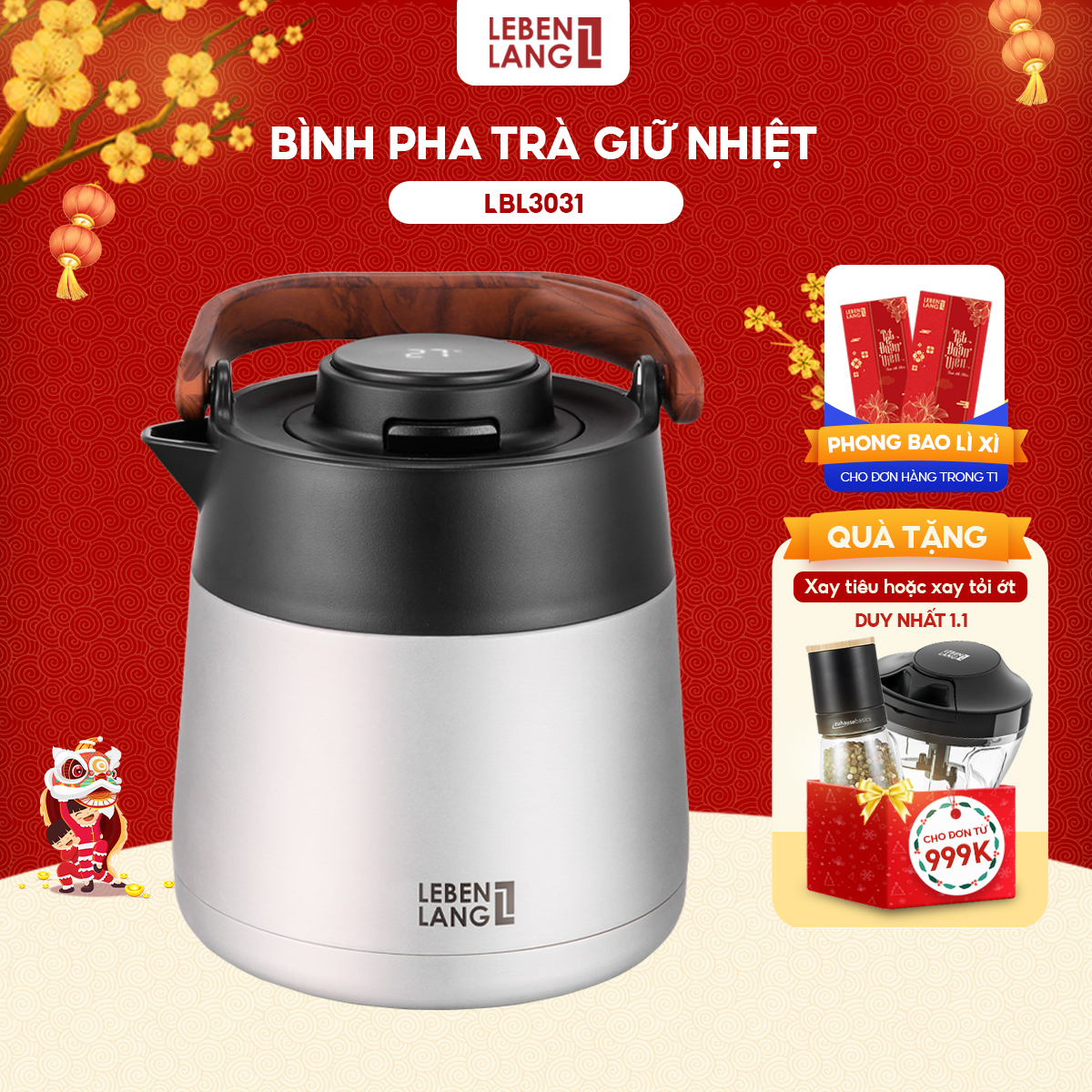 Bình pha trà giữ nhiệt inox có lõi lọc trà Lebenlang LBL3031, dung tích 1000ml - hàng chính hãng