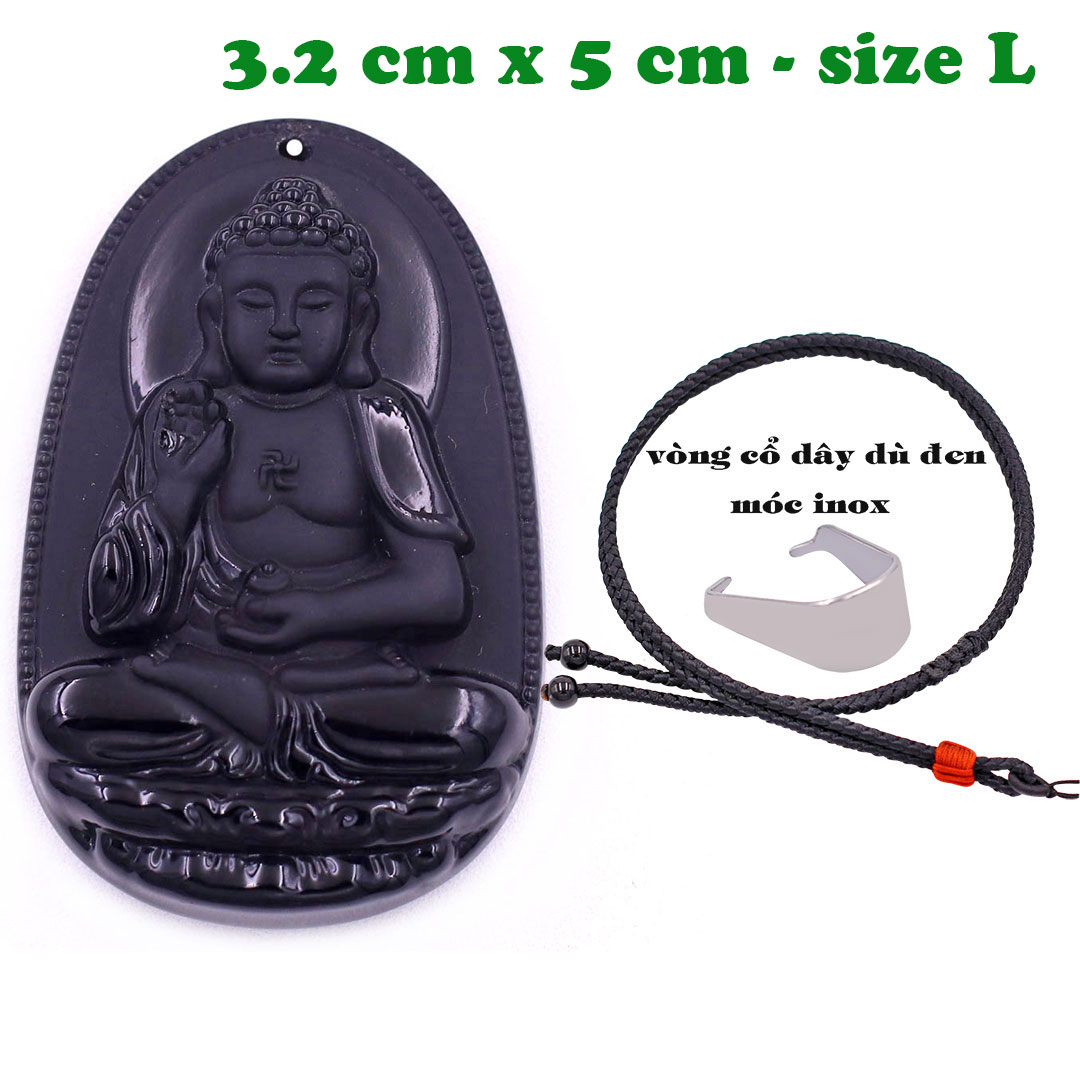 Mặt Phật A di đà đá thạch anh đen 5 cm kèm vòng cổ dây dù đen - mặt dây chuyền size lớn - size L, Mặt Phật bản mệnh