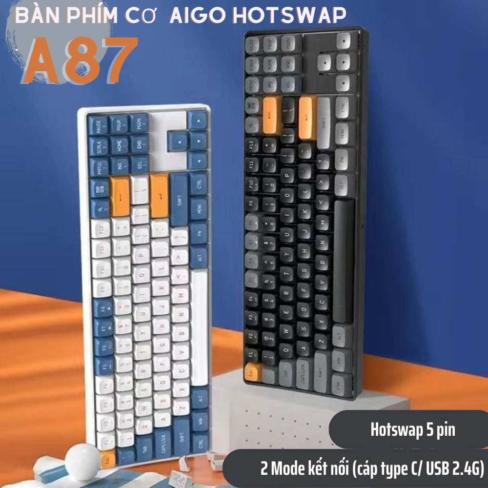 Bàn phím không dây AIGO A87 có Hoswap - Mạch 5 pin - Kết nối 2.4G - Cáp sạc rời - Hàng chính hãng