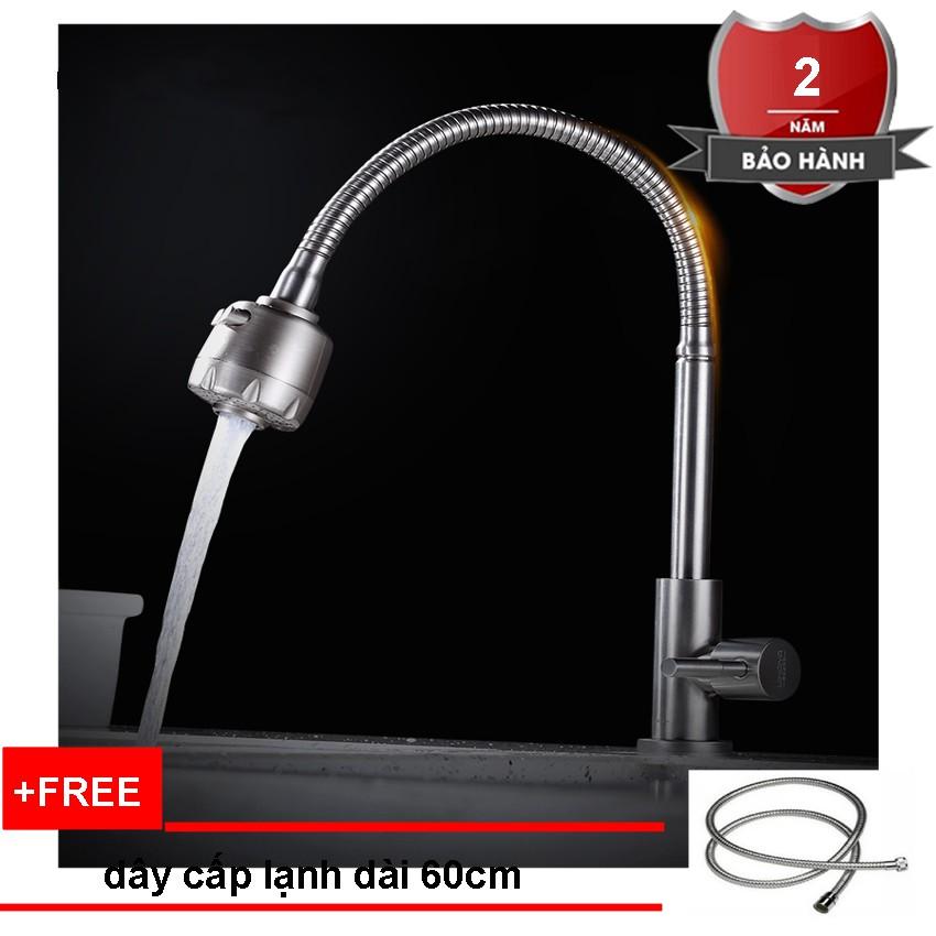 Vòi rửa chén xả lạnh cắm chậu inox 304 nguyên khối cần mềm - Đầu vòi 2 chế độ tăng áp- Tặng kèm dây cấp lạnh dài 60cm