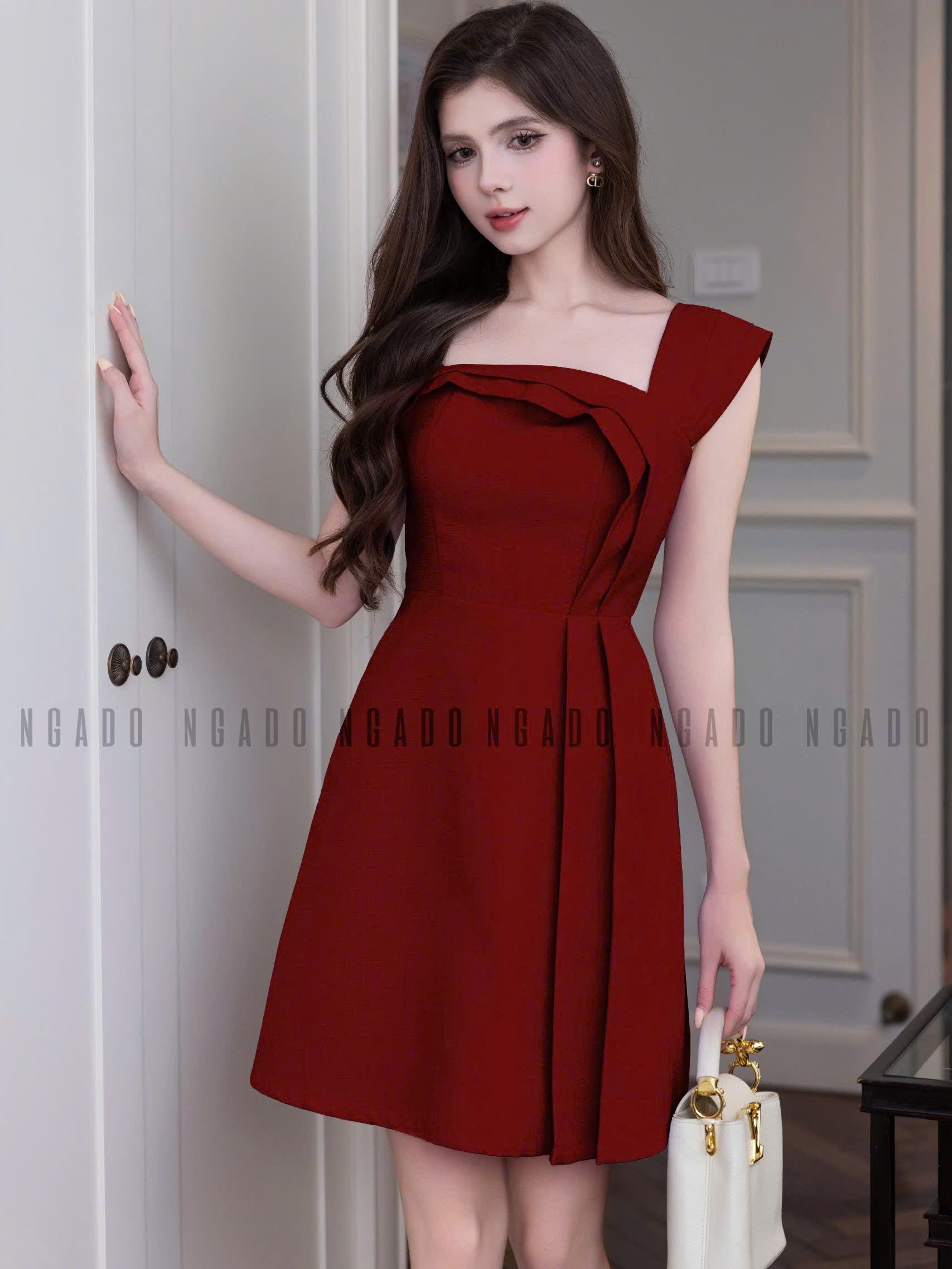 Đầm đỏ xếp ly NGADO , đầm kiểu Nữ , đầm dự tiệc , dạo phố