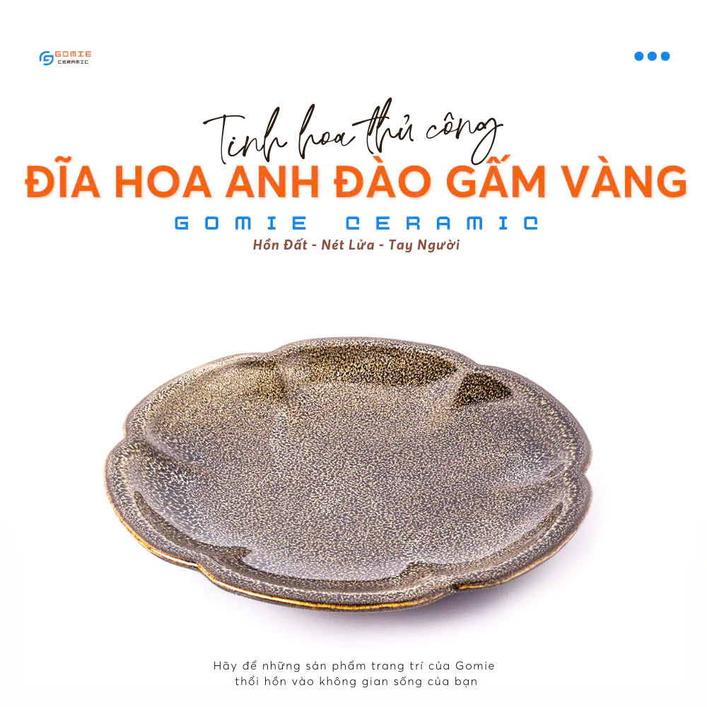 Đĩa hoa anh đào men gấm vàng hỏa biến Gomie Ceramic Bát Tràng ,men hỏa biến cao cấp,an toàn sức khỏe