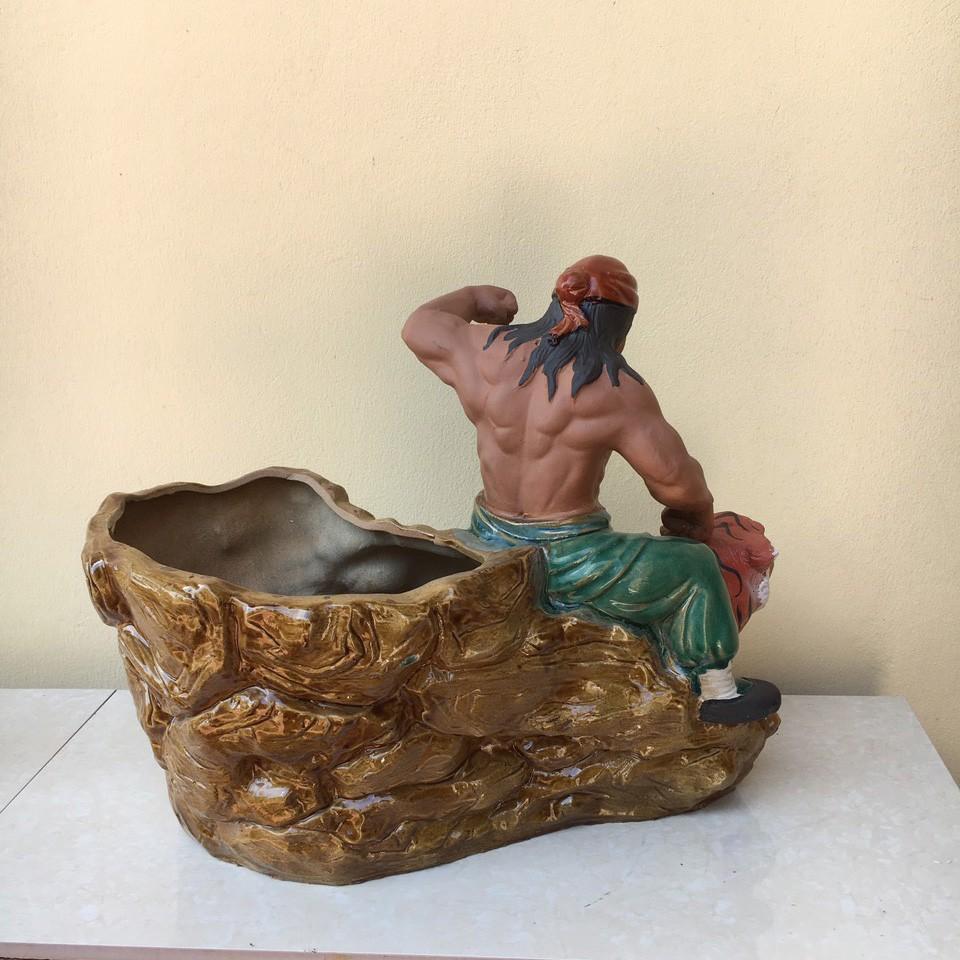 Chậu tượng Võ tòng đánh hổ men màu xanh ngọc gốm Bát tràng 1 size CT-30
