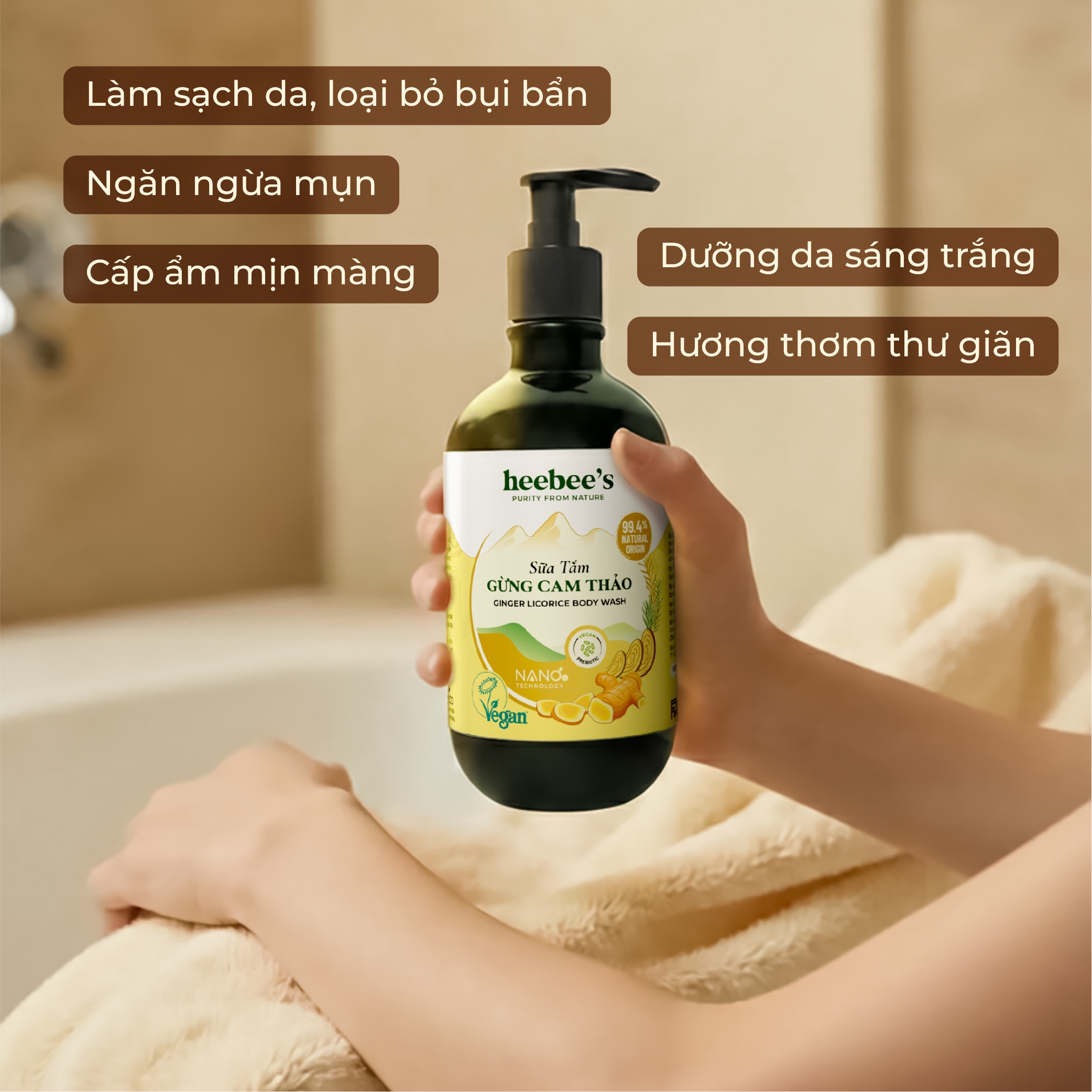 Sữa Tắm Gừng Cam Thảo Heebee's Không Sulfates, Silicone, Sạch Sâu, Dưỡng Sáng, Mềm Mịn Da, An Toàn, Lành Tính Cho Da Nhạy Cảm 300/500ml