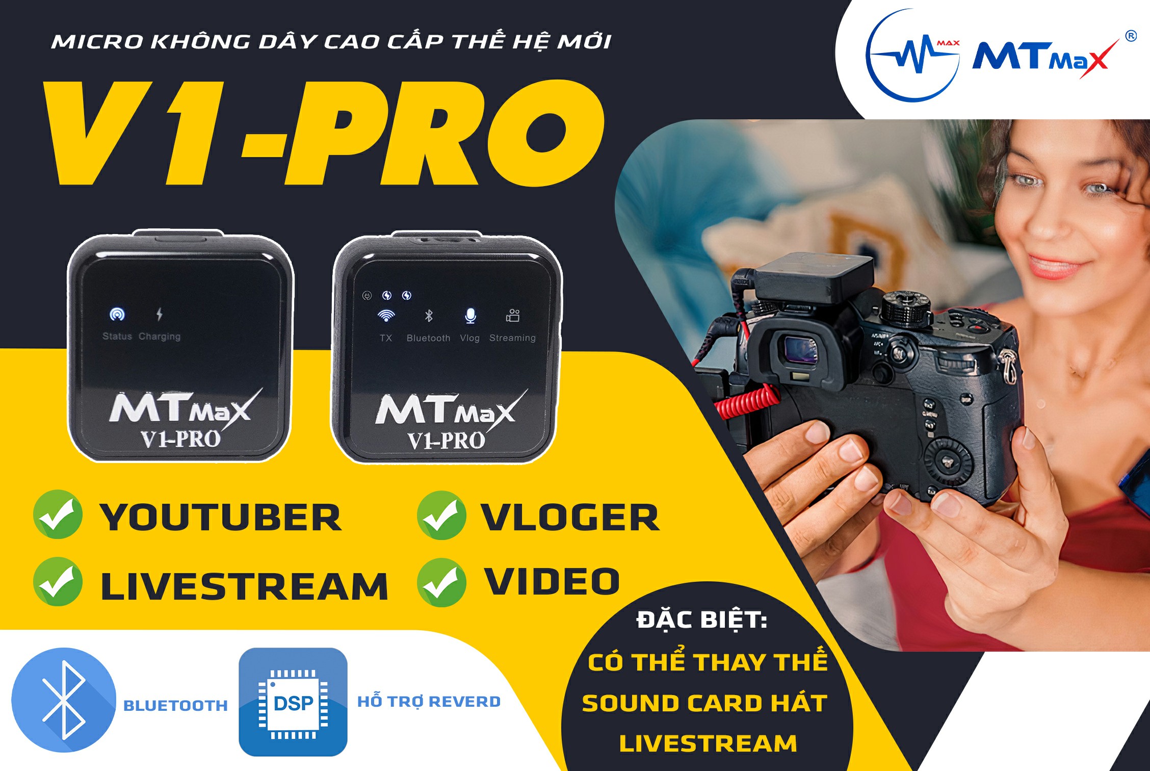 Micro cài áo Wireless MTMax V1-Pro - Mic thu âm không dây kết hợp Sound Card -  Lấy nhạc qua bluetooth - Tích hợp reverb hát livestream cực hay - Trang bị cổng cắm tai nghe kiểm âm - Micro dành cho điện thoại, máy ảnh, máy quay, DSLR - Hàng nhập khẩu