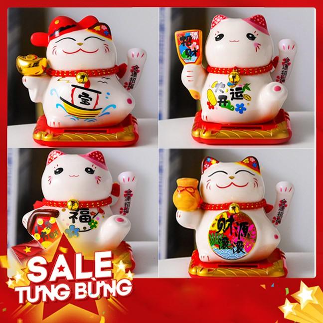 Mèo Thần Tài Vẫy tay năng lượng mặt trời bằng sứ 10cm