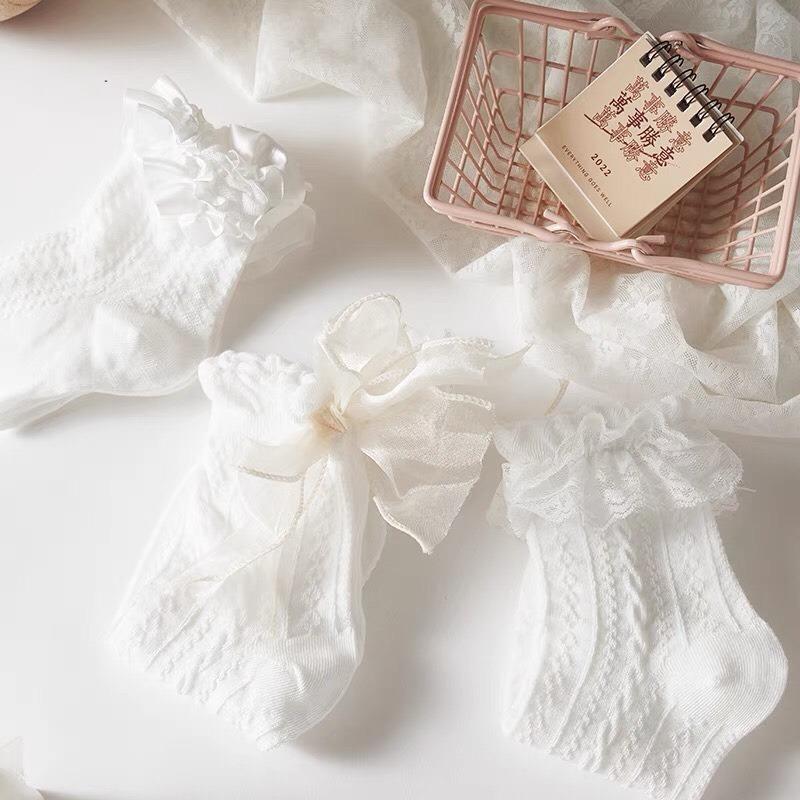 Tất, vớ cổ chân dệt kim GÂN THỔ CẨM VIỀN REN HOA ĐÍNH NƠ phong cách Lolita NhậtBản, cogiãn thoáng khí cho nữ Women