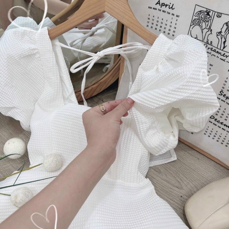 Set áo babydoll xốp cột nơ lưng cổ U tay phồng , quần short