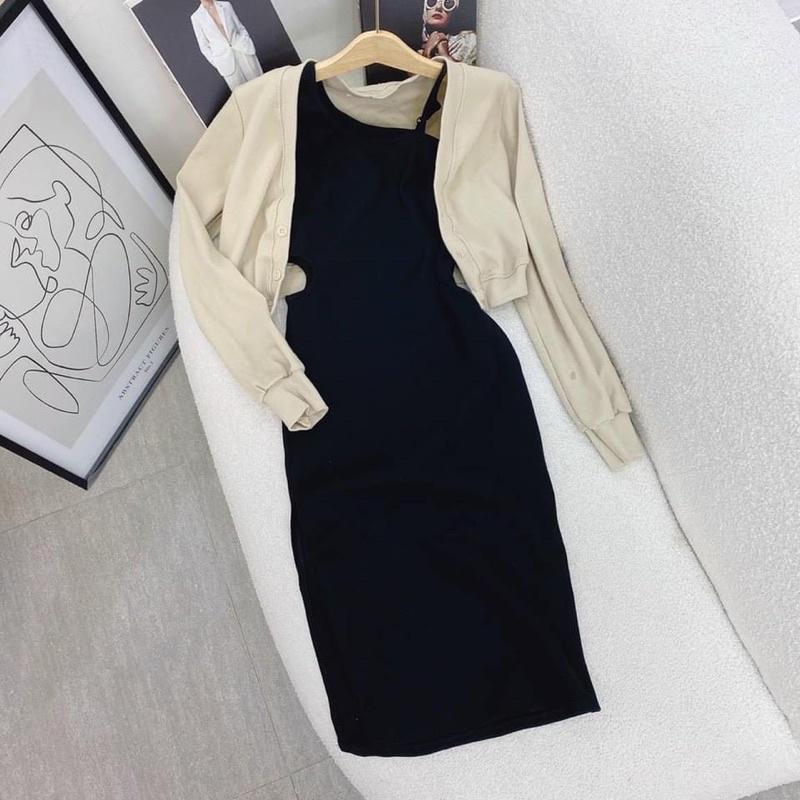 Set đầm body đen lệch dây vai kèm áo khoác nude