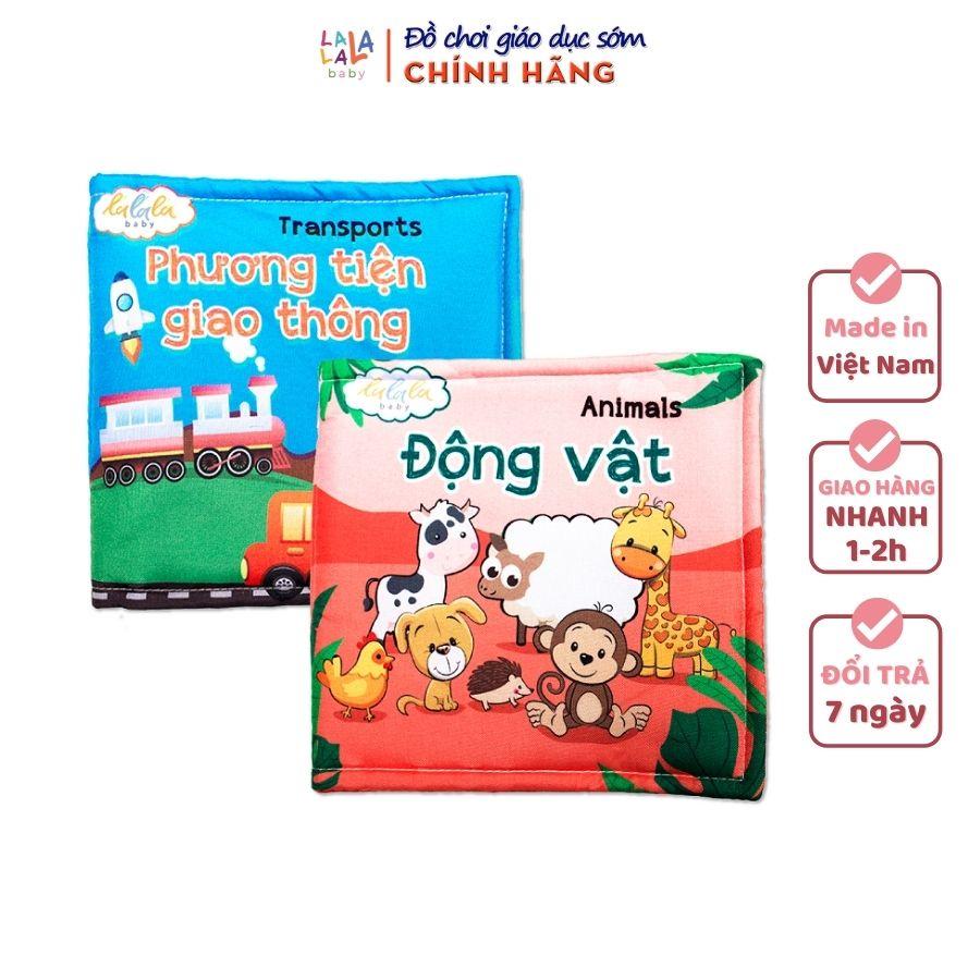 Combo 2 cuốn sách vải Lalala Baby kích thích đa giác quan, kích thước 15x15cm 12 trang (Phương tiện GT, Động vật)