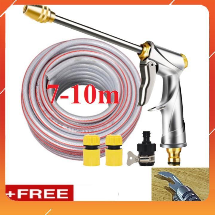 Bộ dây vòi xịt bơm nước tưới rửa , tăng áp 3 lần, loại 7m, 10m 206701-2 đầu đồng,cút+ mở chai
