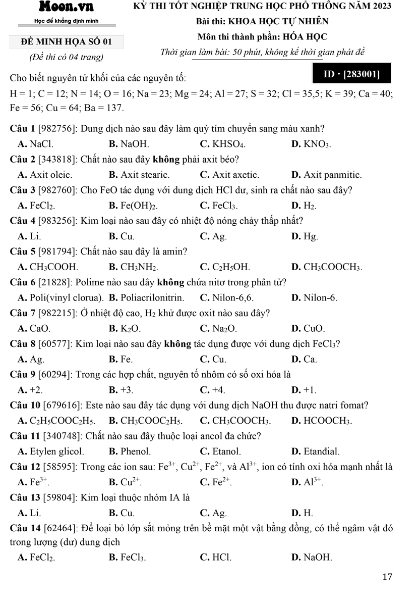 50 Đề Minh Họa 2023 Môn Hóa Học + Tặng Phiếu Trắc Nghiệm 40 Câu  - MOON