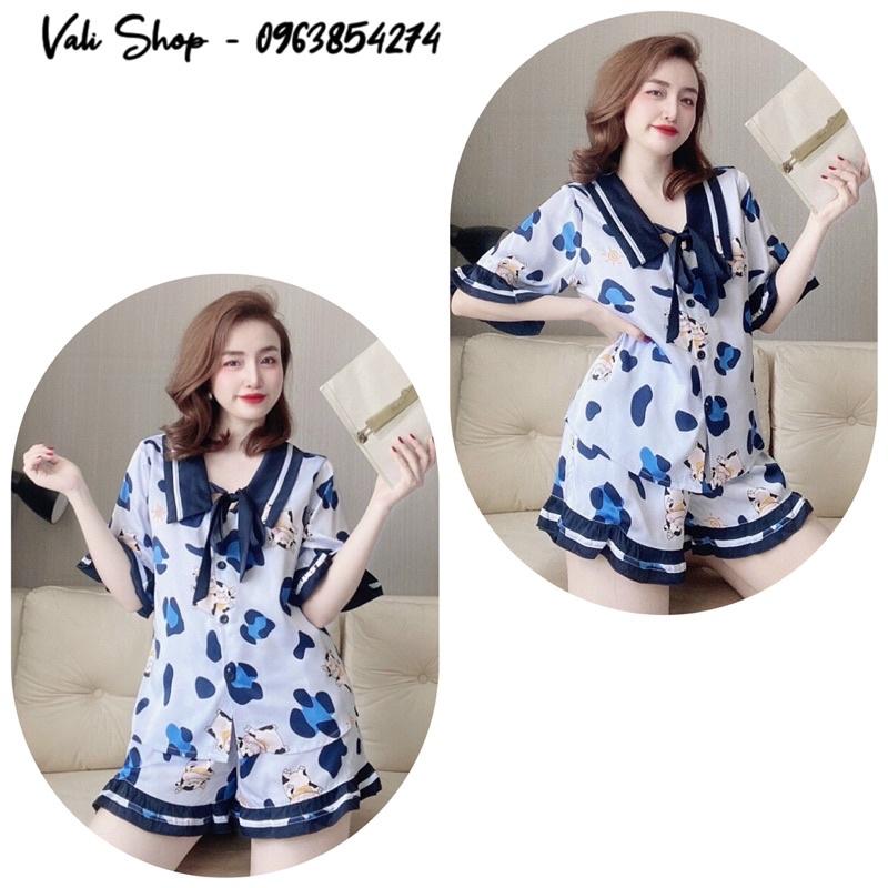 Đồ ngủ lụa latin cao cấp pijama áo cột nơ hoạ tiết quần đùi freesize 42-58kg