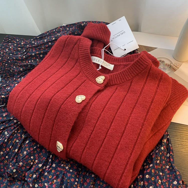 Áo khoác cardigan thu đông chất liệu len dày màu đỏ siêu xinh phong cách trẻ trung
