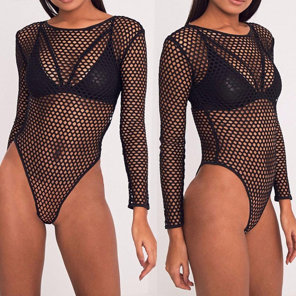 Women's Tight Mesh Long Sleeve Backless Bodysuit Jumpsuit Shapewear One Piece Swimsuit