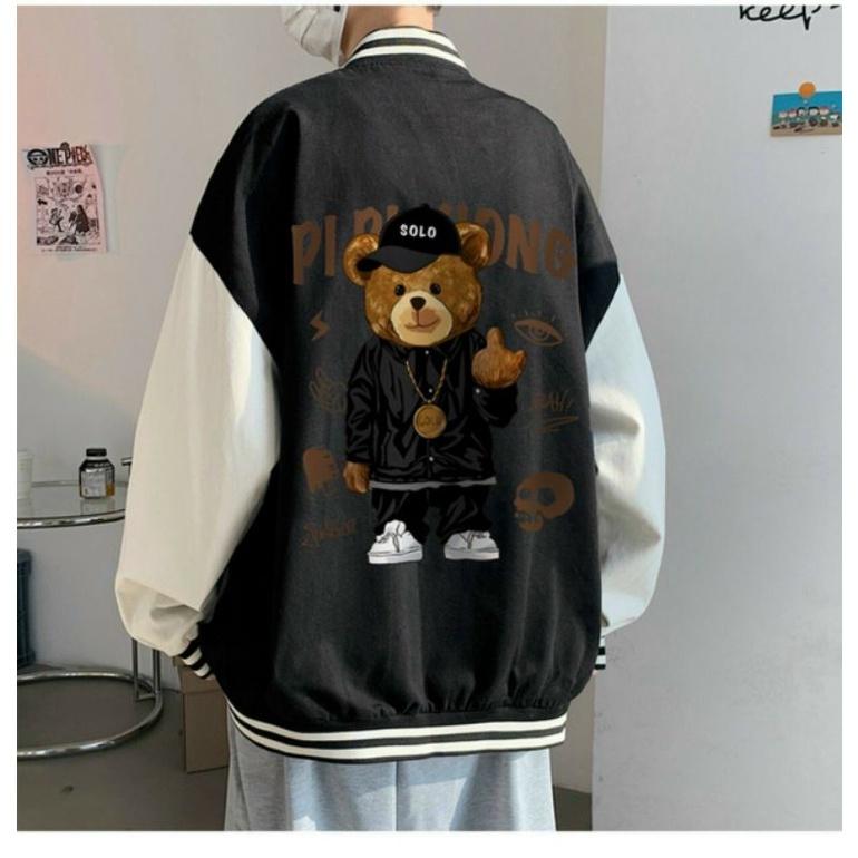 Áo khoác bomber form rộng nút bấm lưng in hình gấu teddy trẻ trung năng động genz