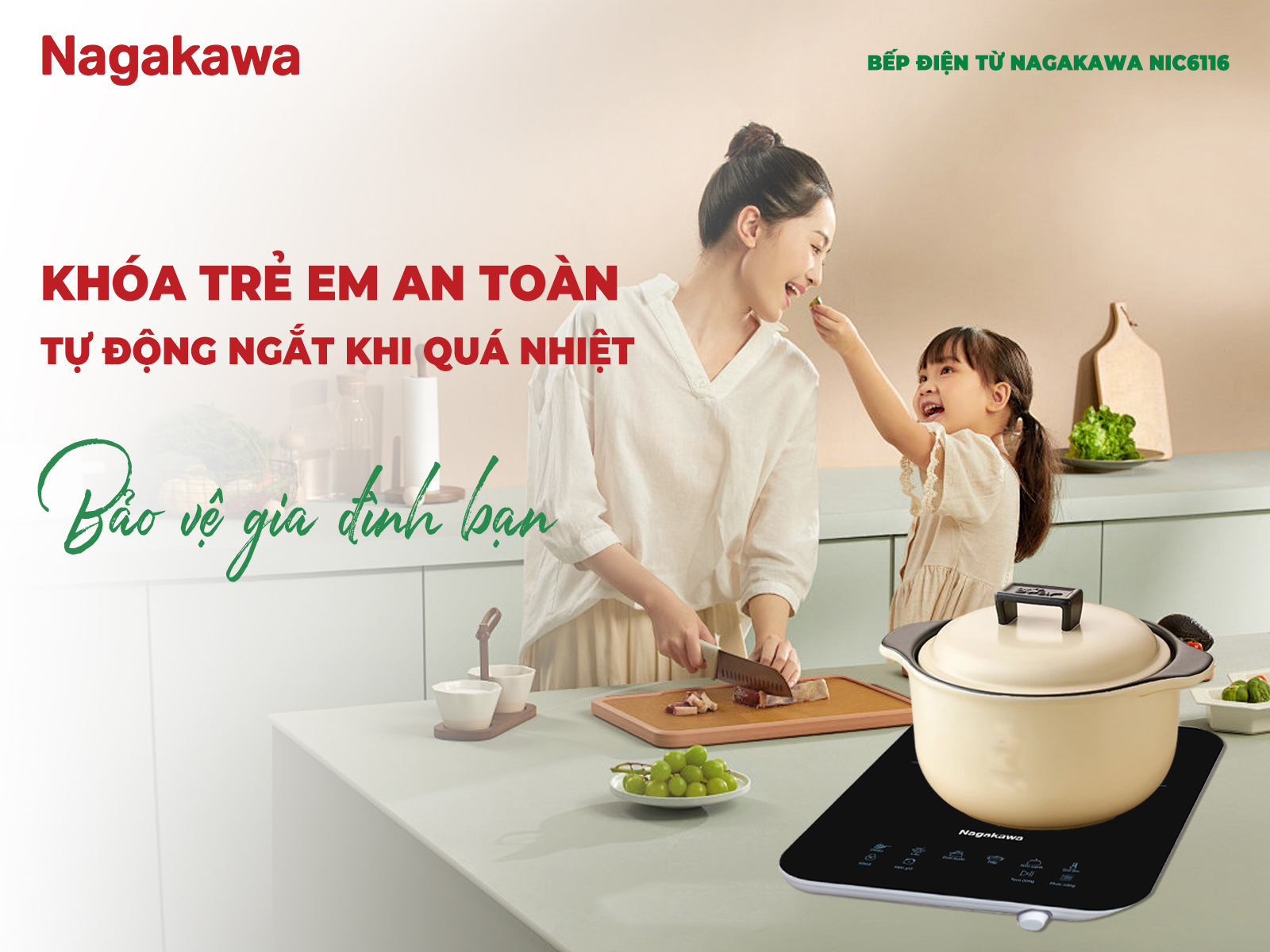 Bếp điện từ đơn Nagakawa NIC6116 2000W tặng kèm nồi inox, bảo hành 12 tháng, hàng chính hãng