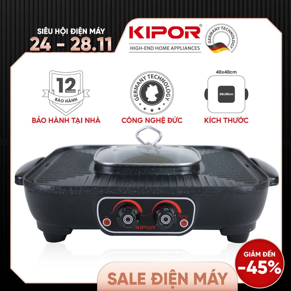 Bếp lẩu nướng điện không khói KIPOR KP-HG4020 - Lẩu, nướng đồng thời điều chỉnh nhiệt độc lập - Chống dính WHITFORD cao cấp -Hàng chính hãng