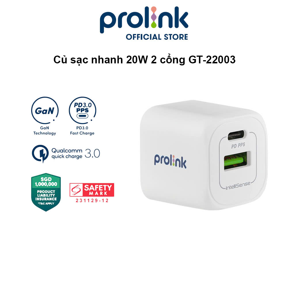 Củ Sạc Nhanh 20W PROLINK GT22003, 2 Cổng USB-A 3.0 &amp; USB-C PD, Công Nghệ GAN Siêu Nhỏ Nhẹ cho điện thoại  - Hàng chính hãng