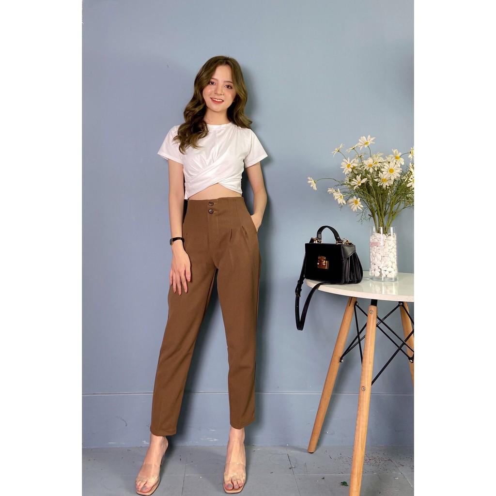 Quần baggy nữ cạp xếp ly ️HÀNG ĐẸP ️ Quần vải công sở ống bo vừa, thiết kế cạp cao 2 khuy