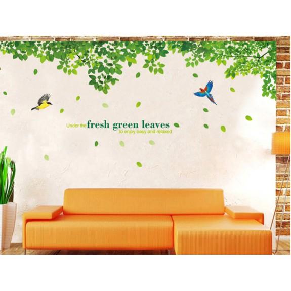 Decal trang trí tường - Dàn Lá Xanh Chim sắc màu