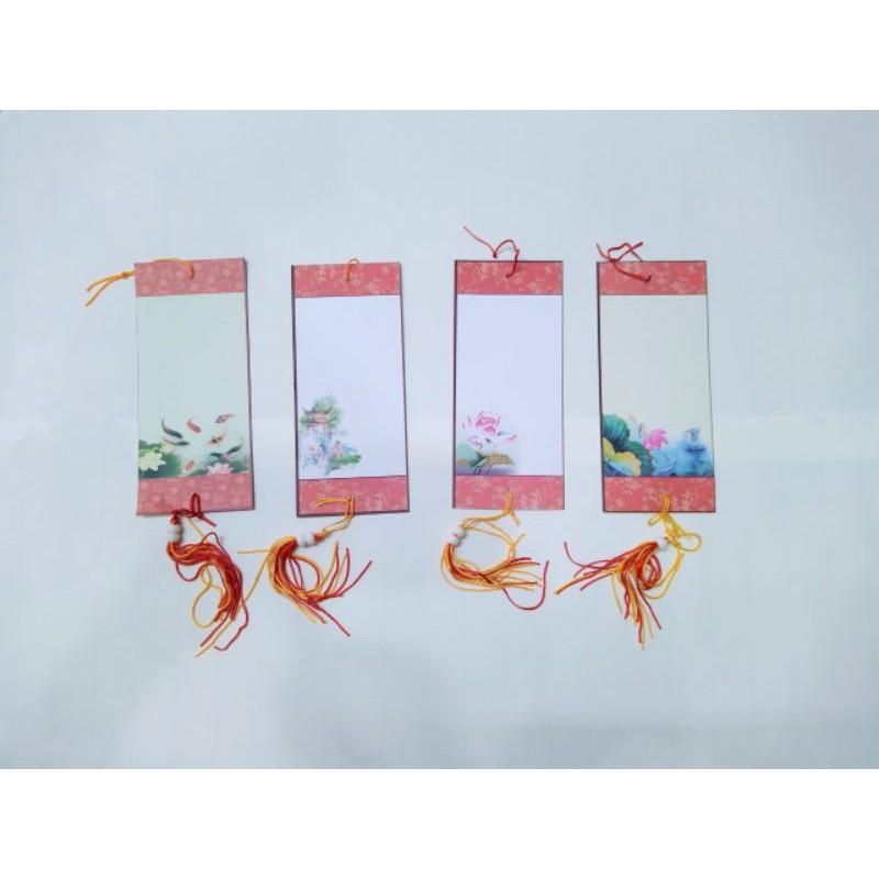 10 tờ Giấy viết thư pháp Kích thước 8x18cm Có treo dây như hìnhDùng treo mai đào, làm sự kiện, trang trí. giá 25k/10 tờ