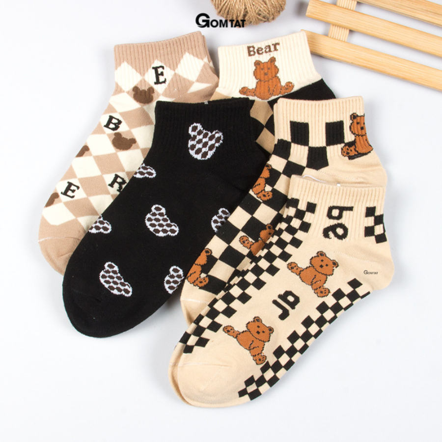 Set 5 đôi tất vớ nữ cổ ngắn GOMTAT họa tiết gấu caro, chất liệu cotton mềm mịn thoáng mát - LISU36-GAUNGAN