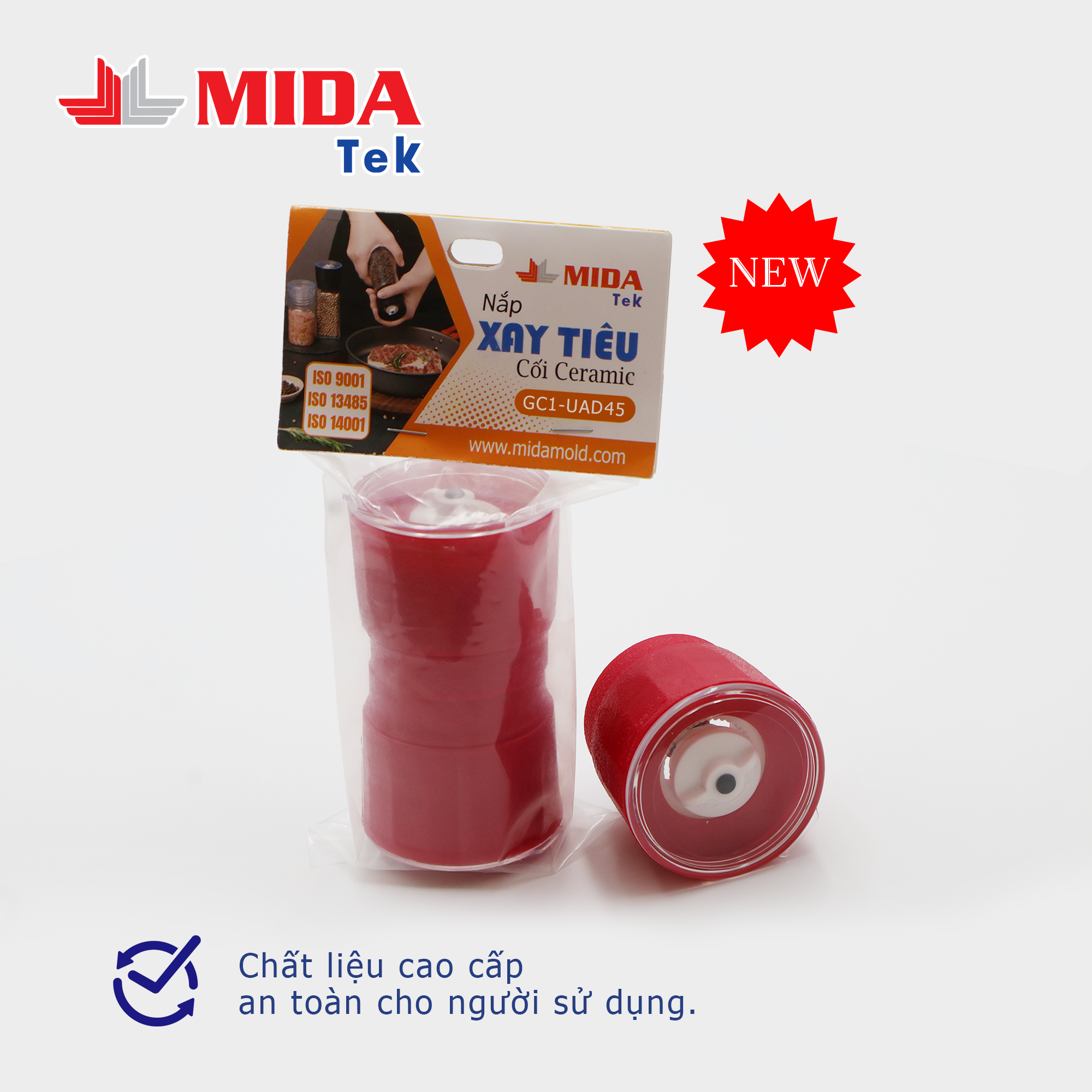 Bộ 2 Nắp xay tiêu MIDATEK cối xay ceramic Màu Đỏ cho hũ nhựa đường kính 45mm