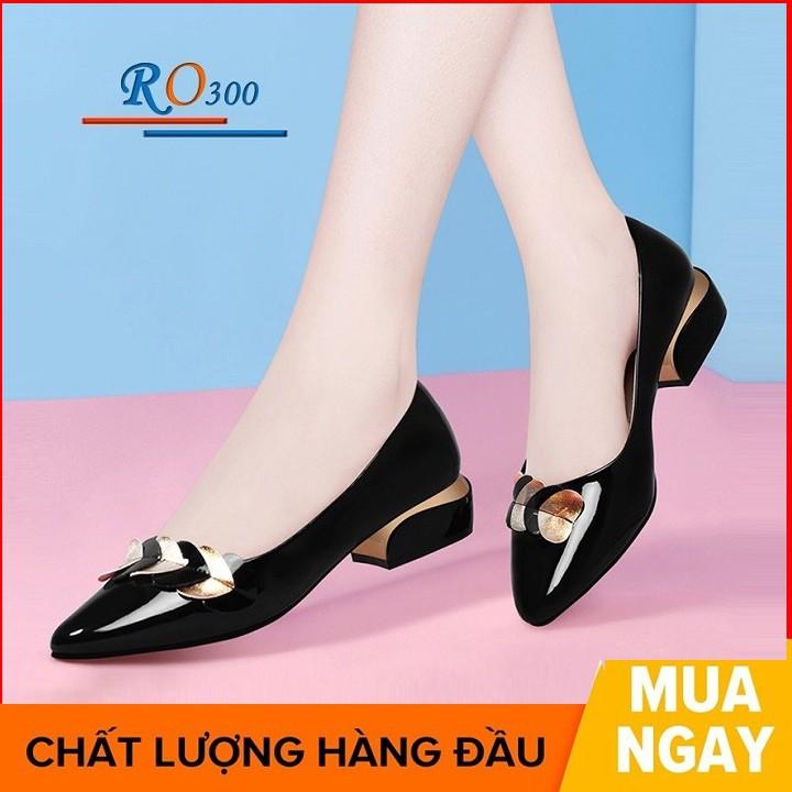 Giày búp bê nữ cao gót 2 phân hai màu đen xanh hàng hiệu rosata ro300