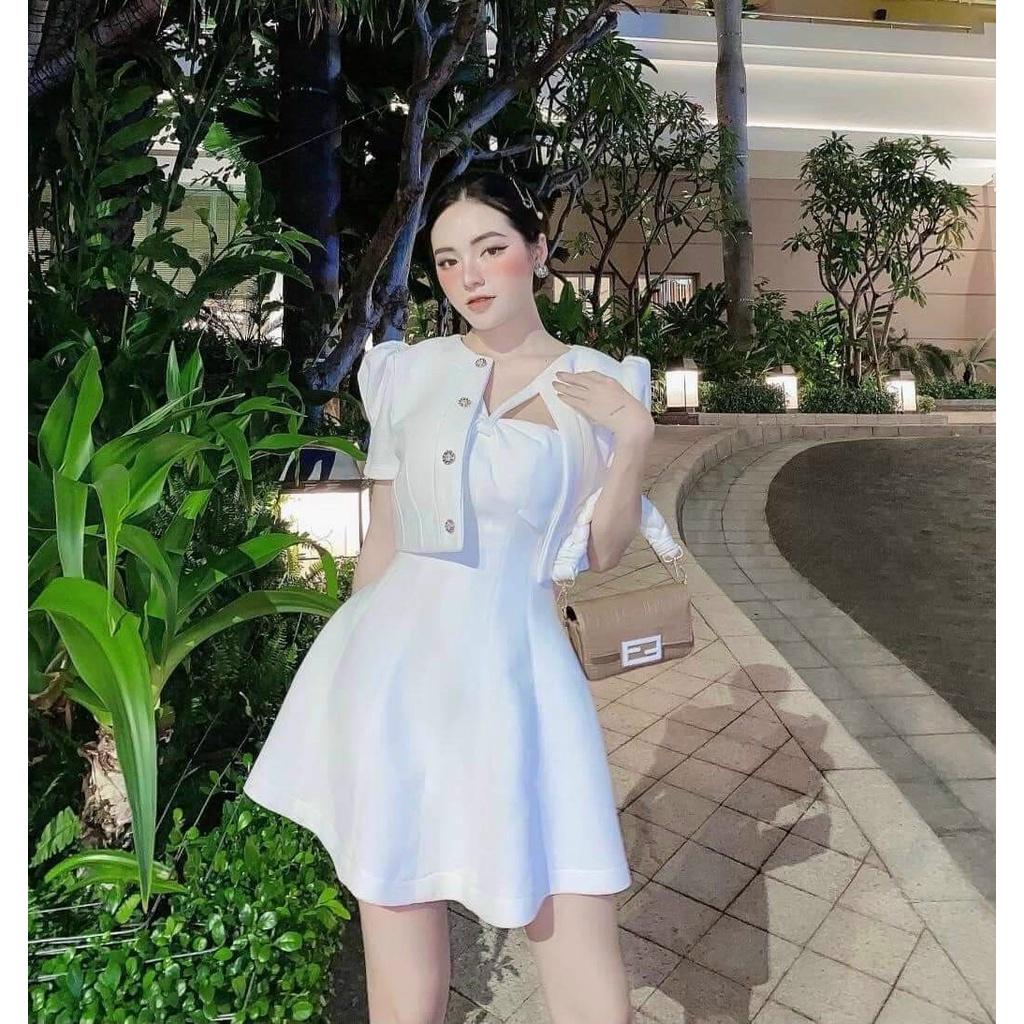 Đầm xoè cổ chéo  kèm áo khoác xịn xò
