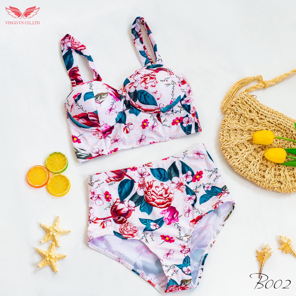 Set đồ bơi bikini nữ 2 mảnh đi biển mùa hè VINGO áo cup ngang có gọng nâng ngực quần bơi cạp cao che bụng mỡ B002 VNGO