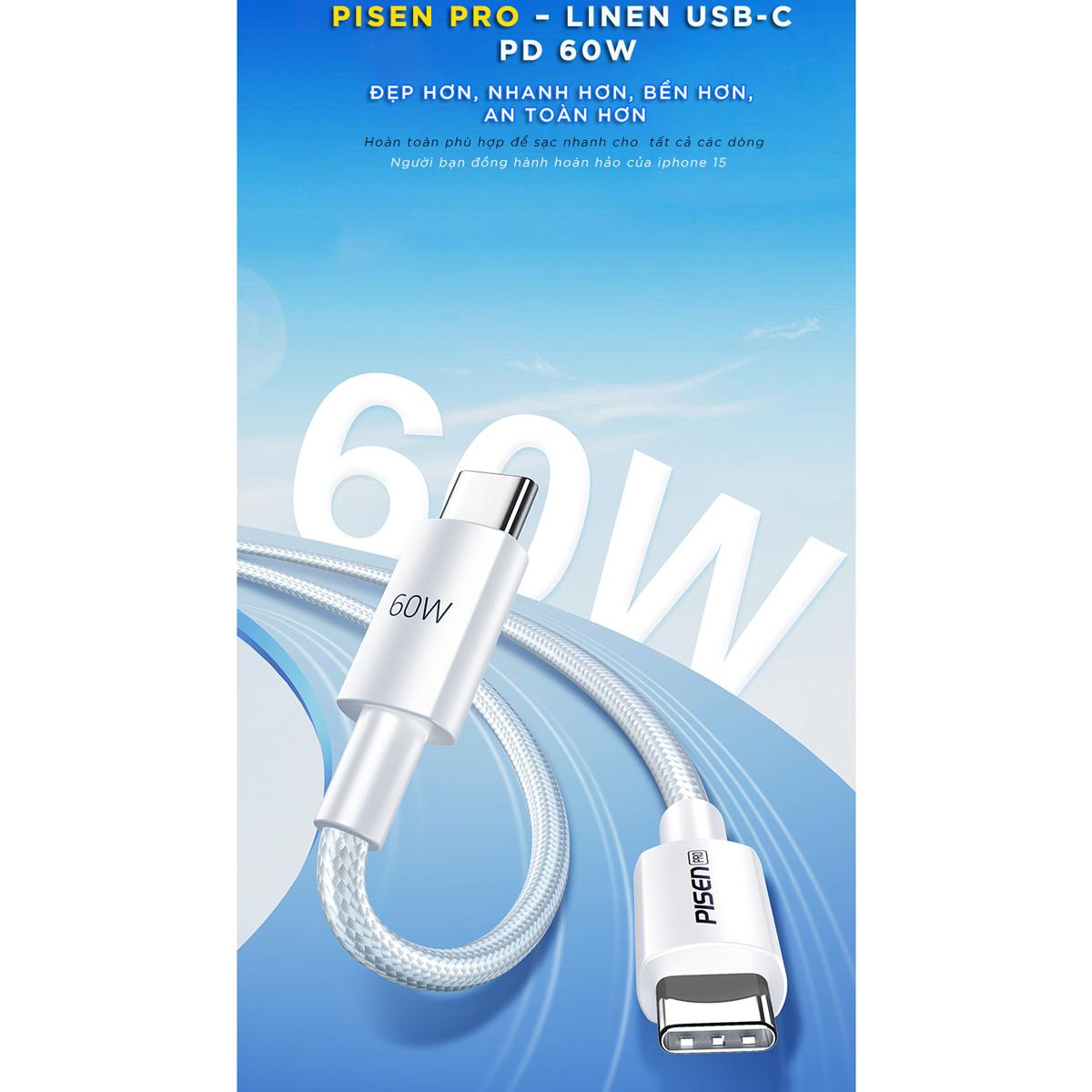 Cáp Sạc iPhone 15 - Linen USB-C 60W 1 m - Pisen LH-CC-PD01-1000