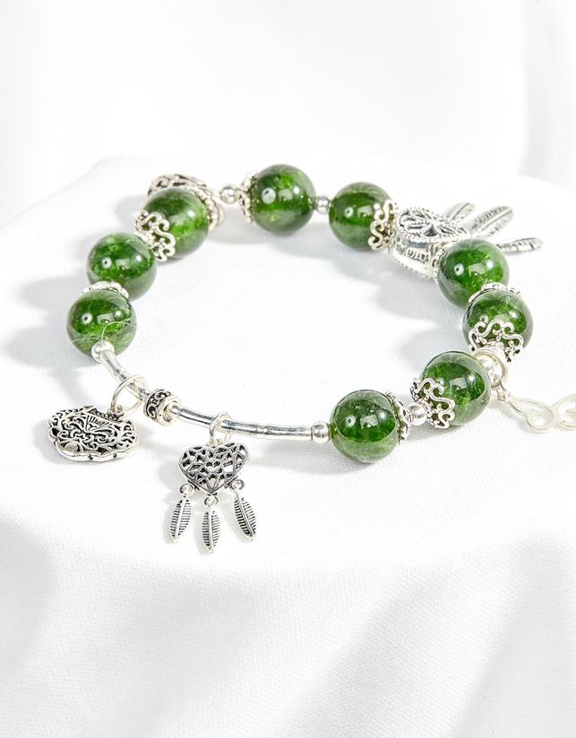 Vòng diopside phối charm trái tim bạc Ngọc Quý Gemstones