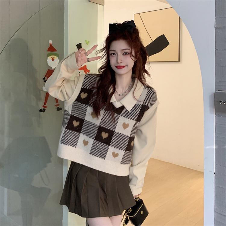 Áo gile len nữ ghi lê họa tiết kẻ ô vuông trái tim cổ V sọc caro thời trang kiểu Hàn Quốc
