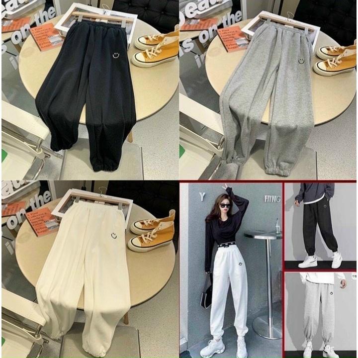 Quần Nỉ jogger Basic In Mặt Cười bo gấu ống rộng chuẩn phong cách hàn