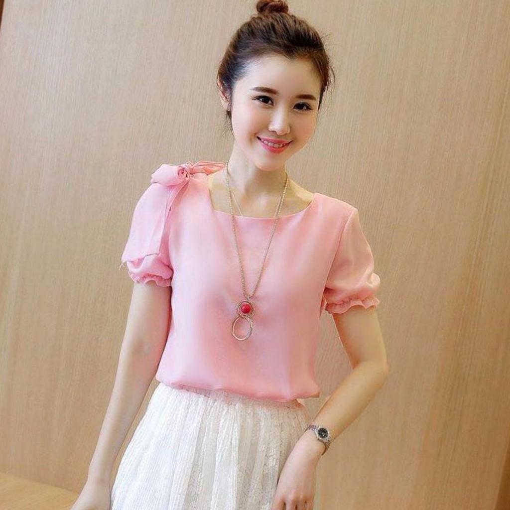 Áo công sở tay rớt đính nơ vai trắng