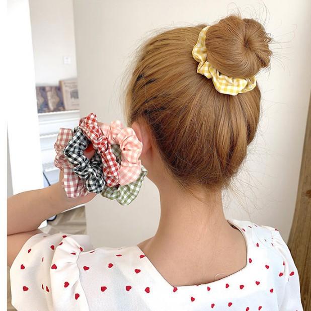 Set 8 Dây Cột Tóc Scrunchies Caro Size Nhỏ-Tặng Túi Zip