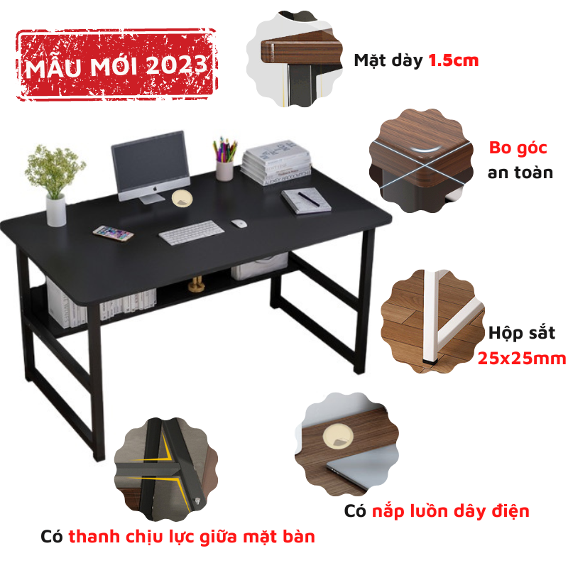 Bàn làm việc kệ lửng mặt dày 1.5cm bo góc an toàn nhiều kích thước, bàn học để máy tính hộp sắt 25x25mm chắc chắn dày dặn