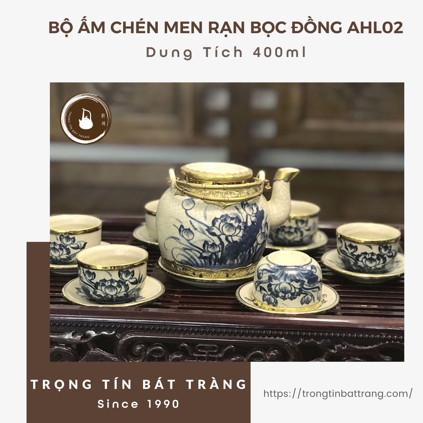 Bộ Ấm Chén Men Rạn Bát Tràng Họa Tiết Hoa Sen Dáng Đại Bân Đề Lương Dung Tích 400ml AHL 02