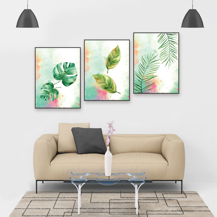 Bộ 3 tranh treo phòng khách "Lá có đôi" - W065 Tranh canvas có viền