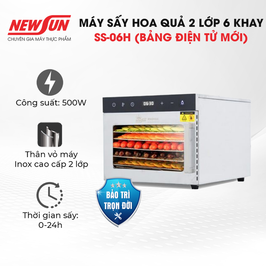 Máy sấy hoa quả 2 lớp 6 khay SS-06H (bảng điện tử mới) NEWSUN  - Hàng chính hãng