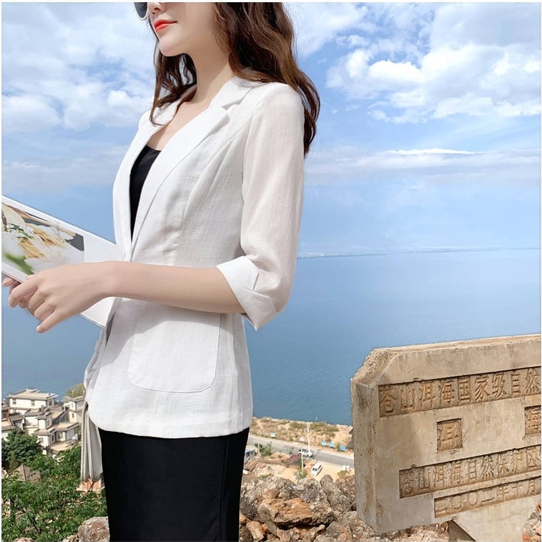 Hình ảnh Áo khoác blazer, áo vest nữ kiểu Hàn Quốc tay lỡ túi hộp, thời trang phong cách trẻ Đũi Việt