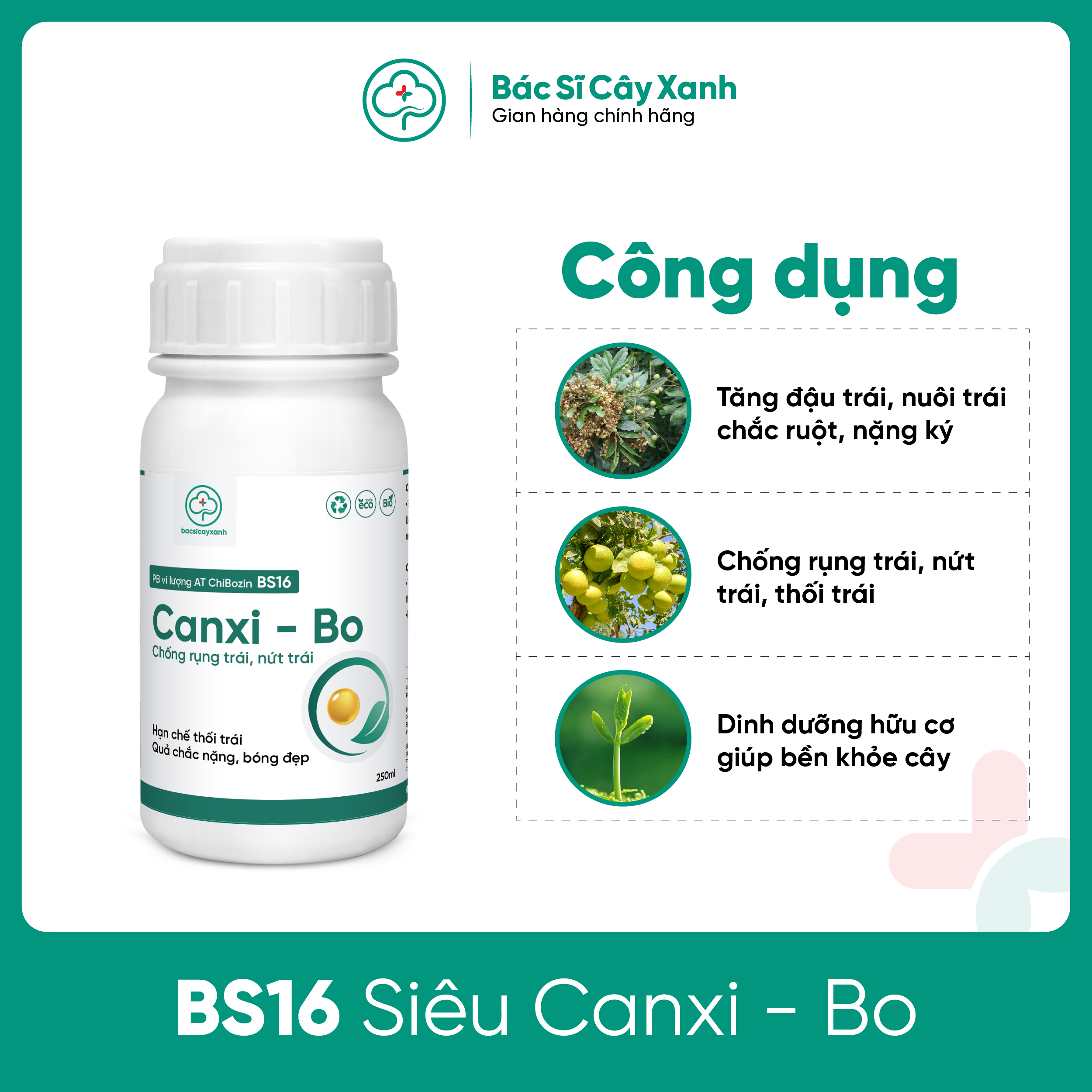 Phân bón Canxi-Bo bổ sung vi lượng Chống rụng trái, nứt trái, trái chắc nặng, bóng đẹp BS16 250/500ml NSX Bacsicayxanh