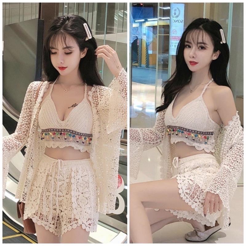 Ren 03-Sét Bikini đi biển 3 món áo bra hạt-quần sóc ren- choàng ren( có tách rời)