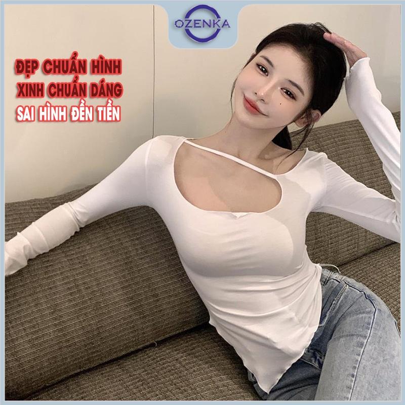 Áo thun nữ ôm vạt nhọn tay dài cổ rộng OZENKA , ao phông kiểu body gợi cảm 100% cotton màu đen trắng size 55 kg