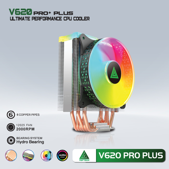 Quạt tản nhiệt CPU VSP V620 Pro plus Fan 12cm LED RGB 6 ống đồng - Hàng chính hãng TECH VISION phân